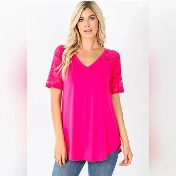 1 LEFT! Hot Pink Lace Sleeve V Neck Top - Picture 1 of 4